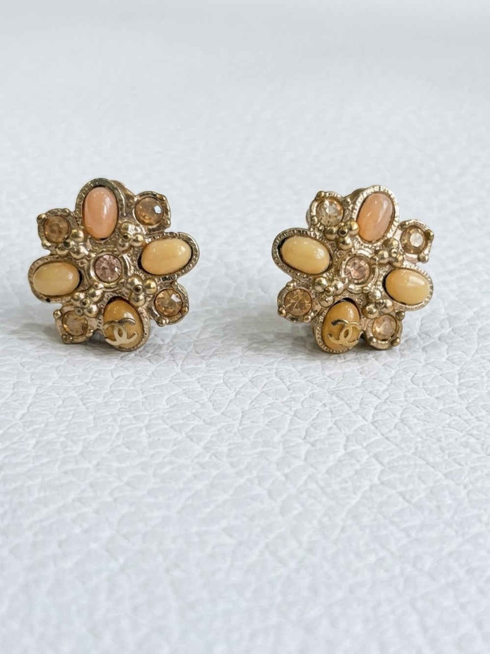 Chanel Beige Gold-Tone Pinkish Floral Gripoix, Enamel, Crystal Clip-on Earrings